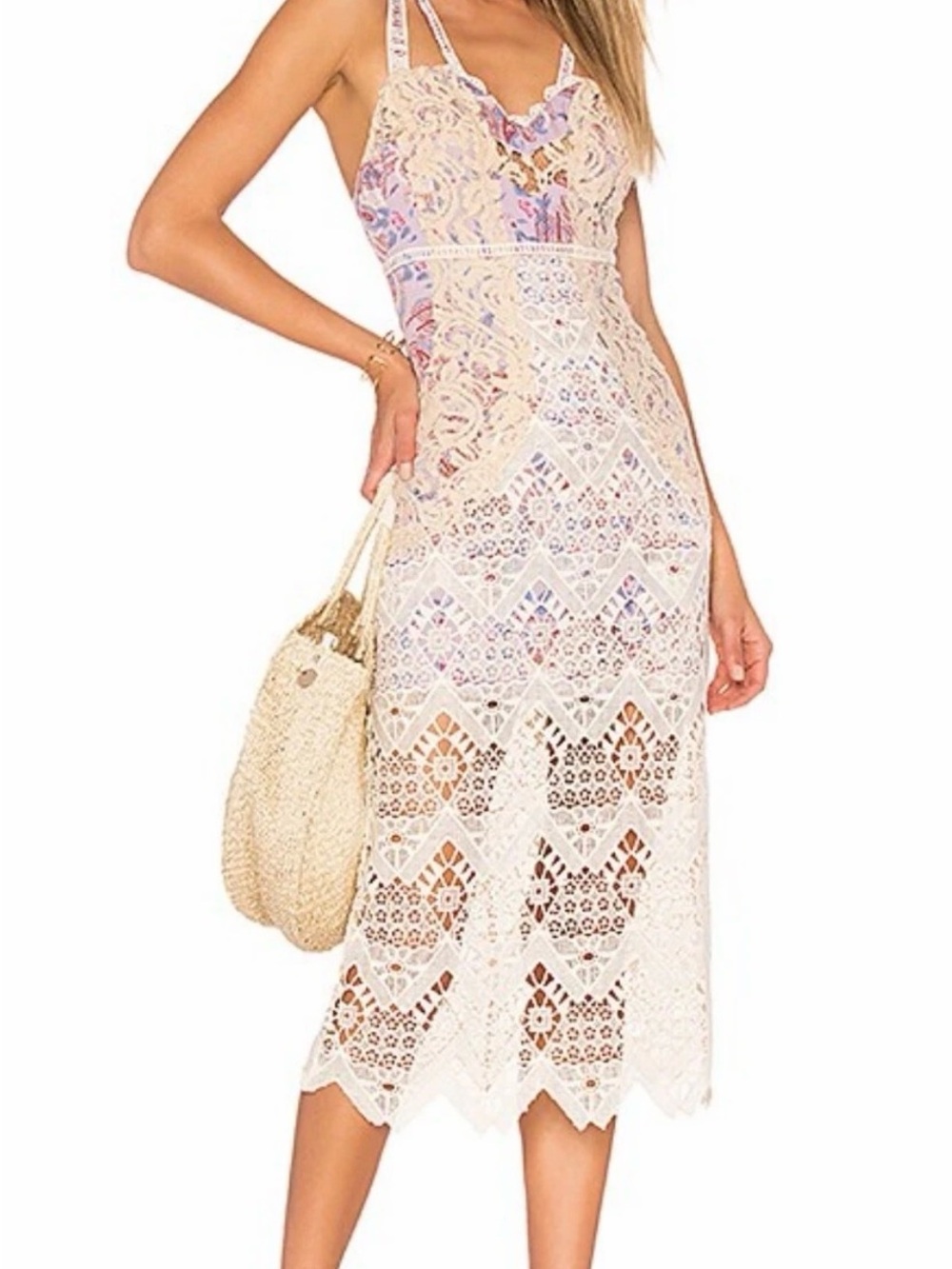 Free People Still Life Lavender Paisley Midi Dress Cream Lace